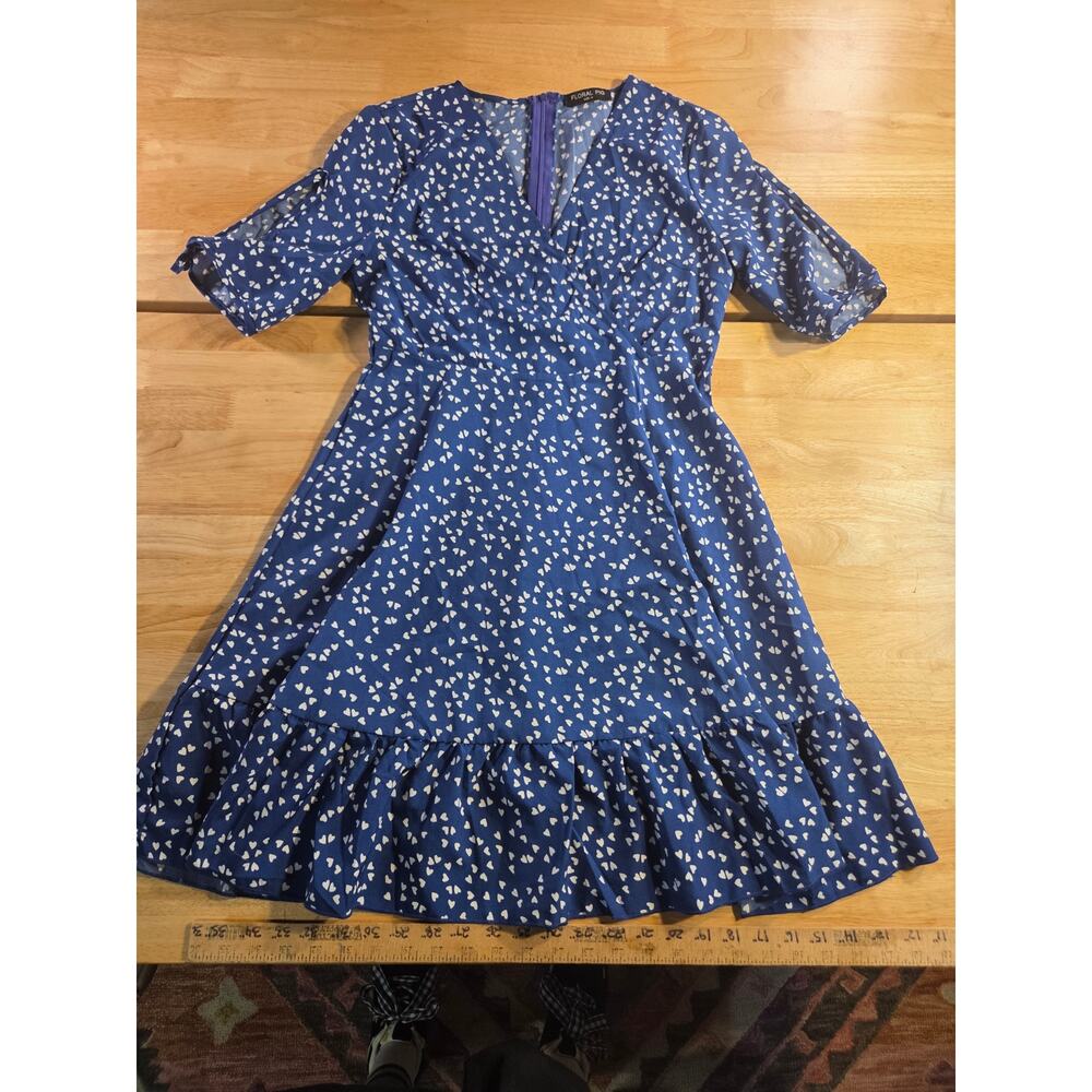 Floral Pig Blue Heart Print Dress Keyhole Puff Sleeve Detail Faux Wrap M